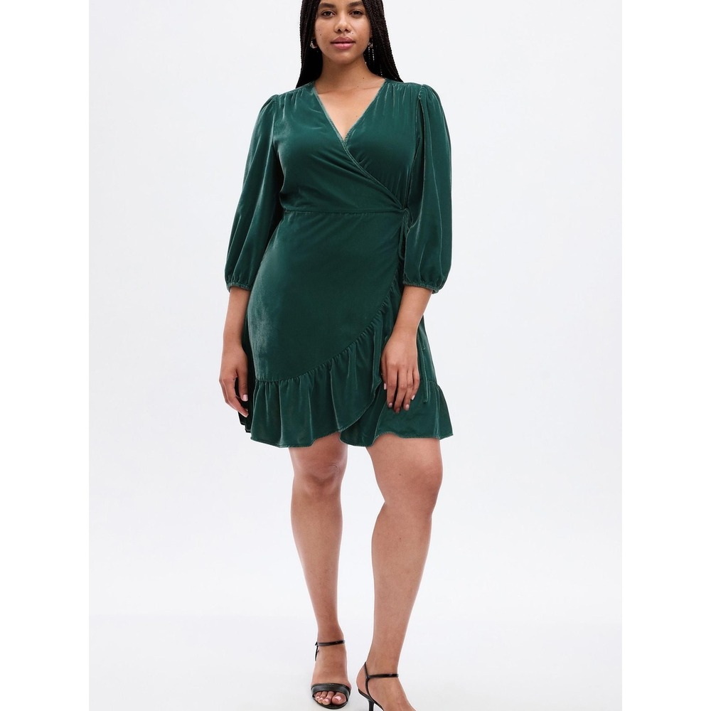 GAP Women M Mini Dress Ruffle Hem Long Sleeve Holiday Forest Green Velvet Wrap